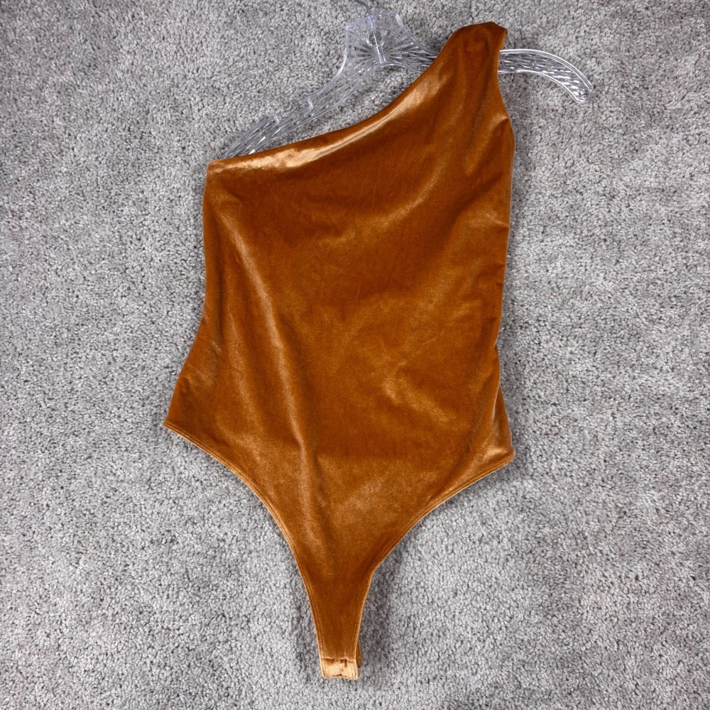 One Shoulder Velvet Bodysuit Burnt Orange Asymmetrical Sleeveless Size M